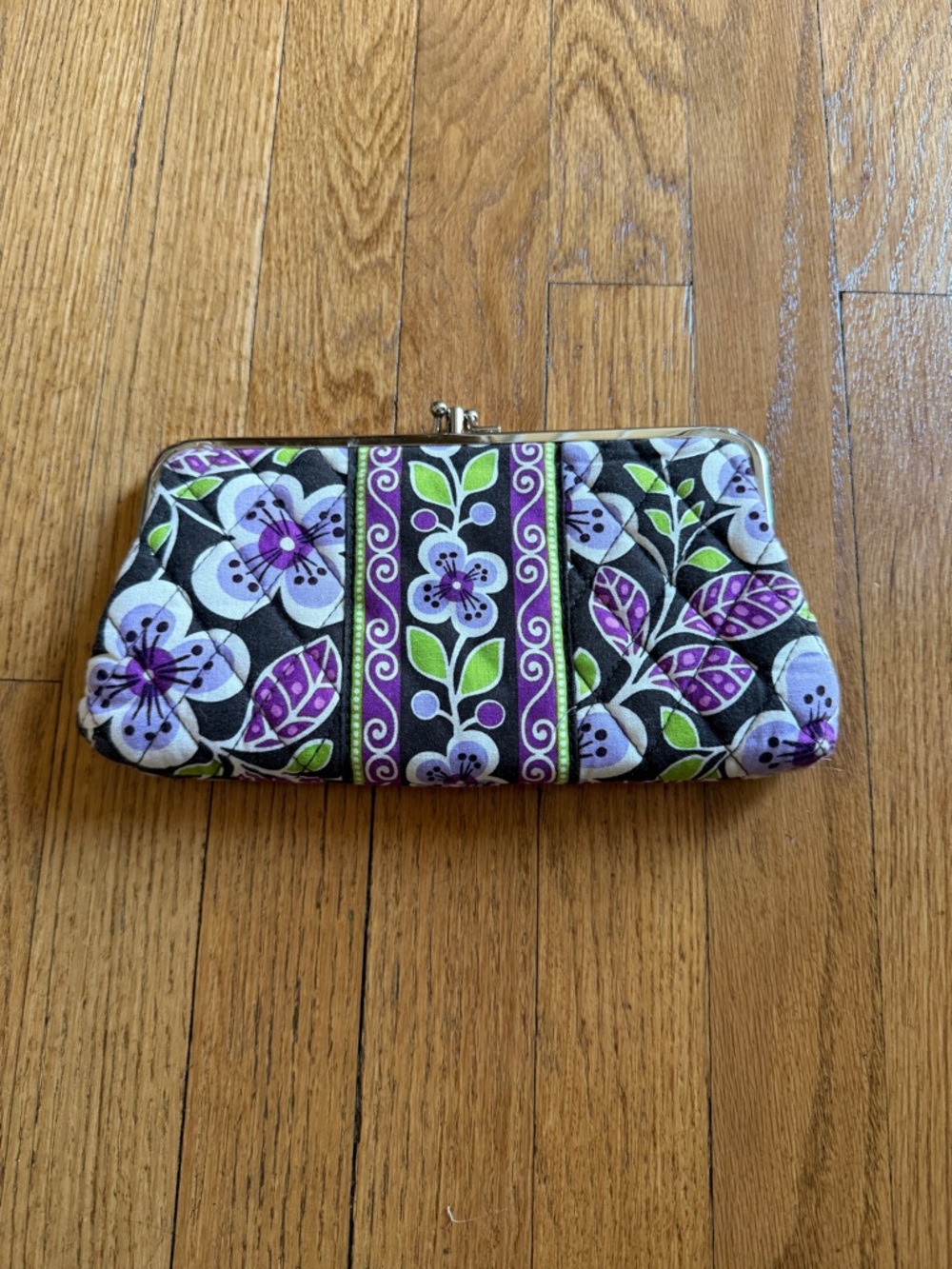 Vera Bradley Quilted Kisslock Wallet Floral Clutch Brown Purple Green Cotton
